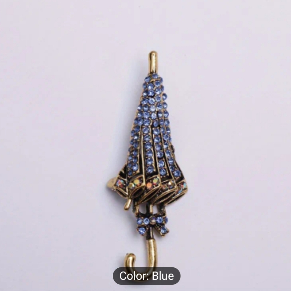 🆕️☂️🌂PURPLISH-BLUE RHINESTONED UMBRELLA BROOCH / PIN🌂☂️